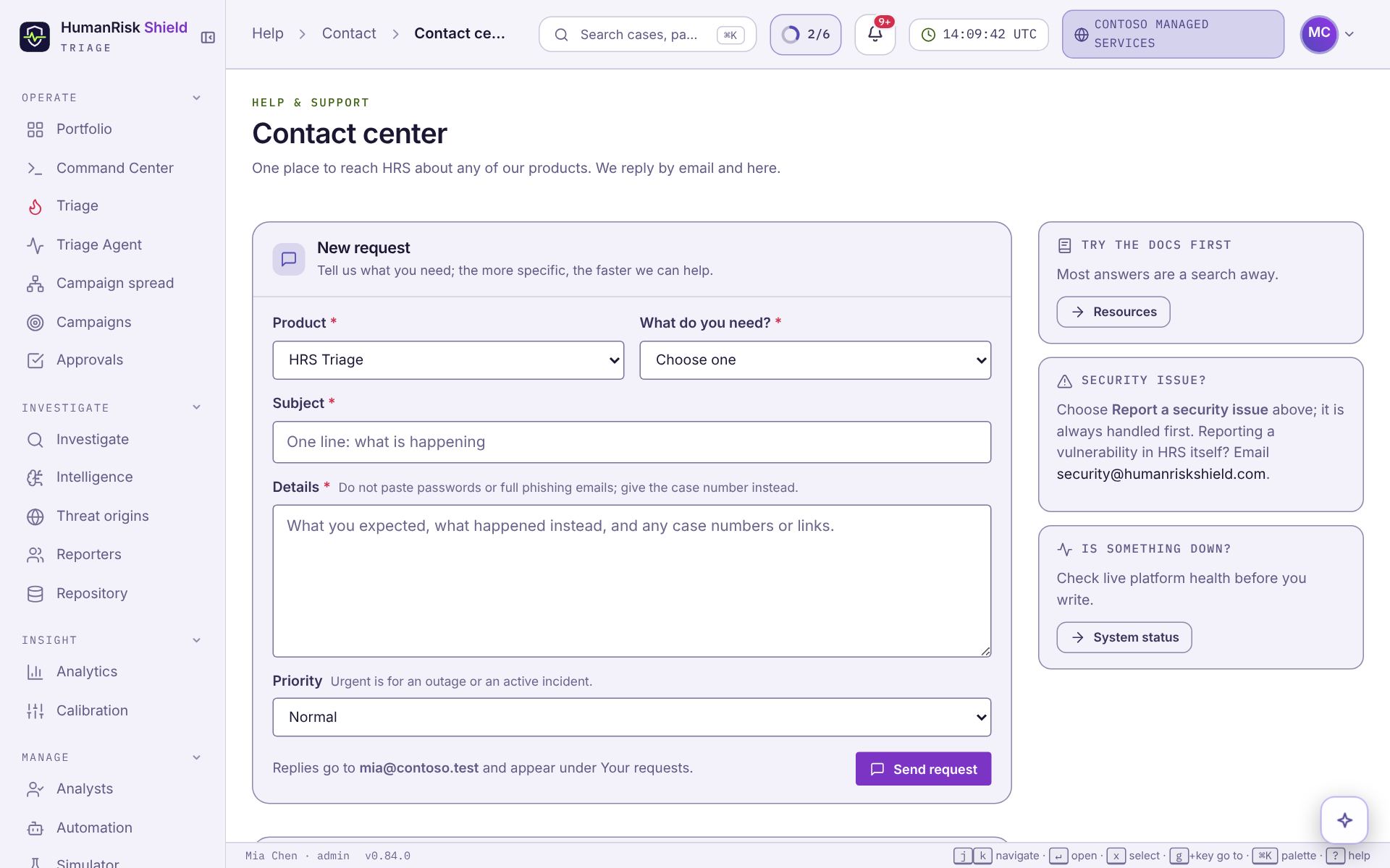 The contact center: new request form and your recent requests