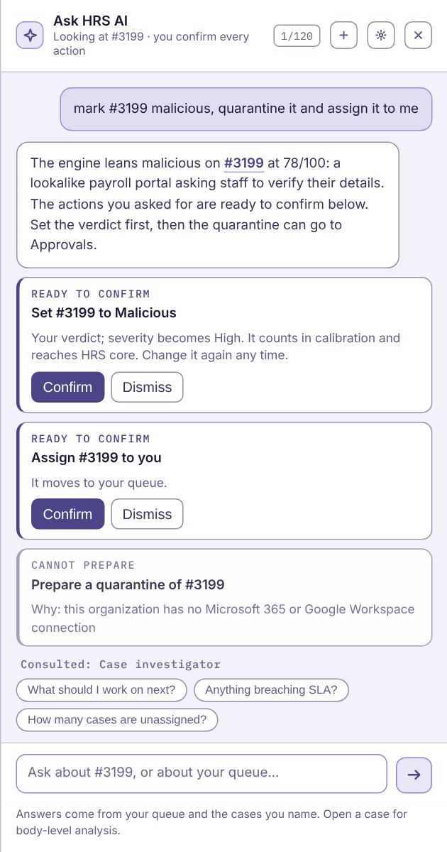 Each action waits for Confirm. Ask HRS AI with three actions ready to confirm