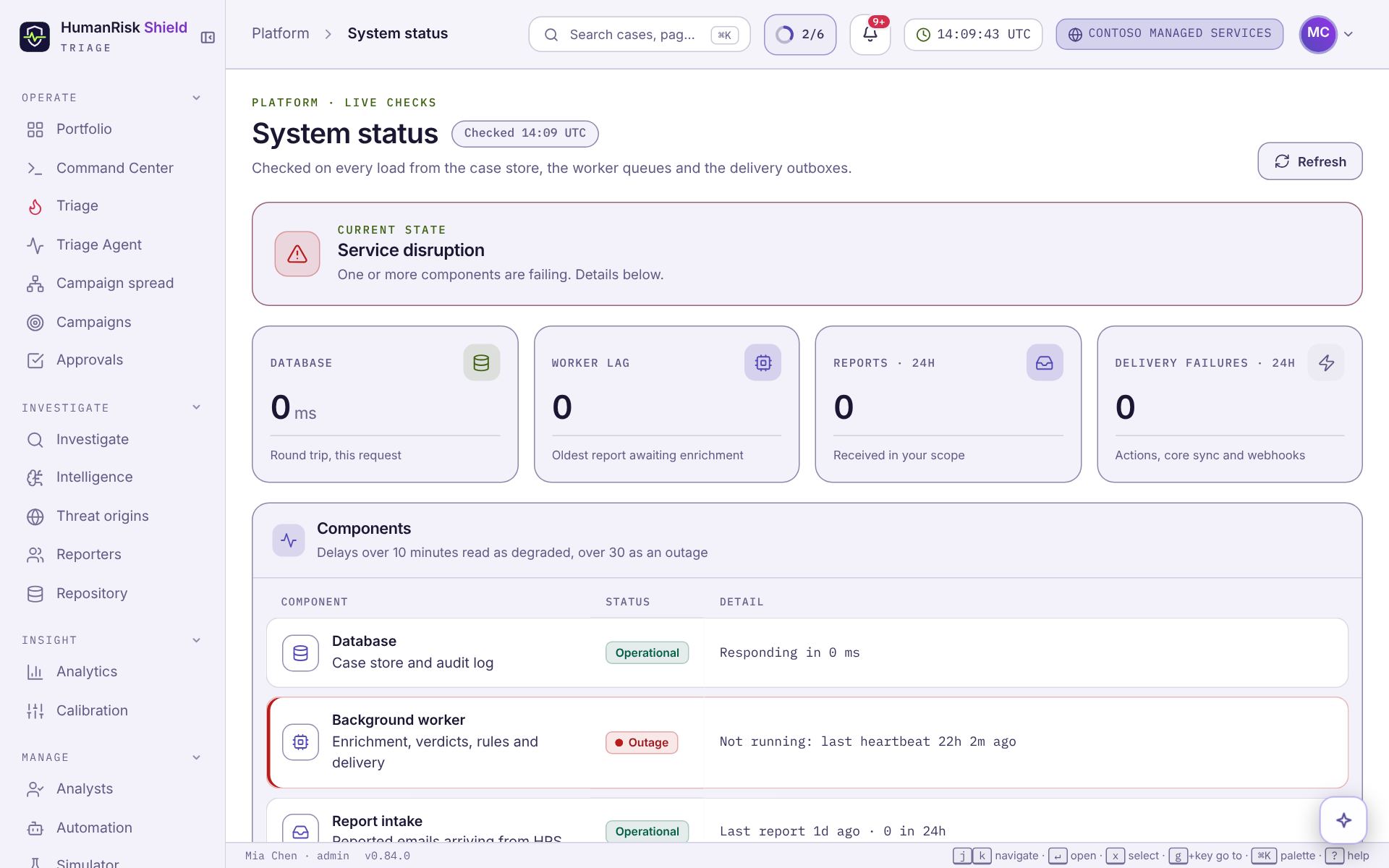 System status: each component with its current state